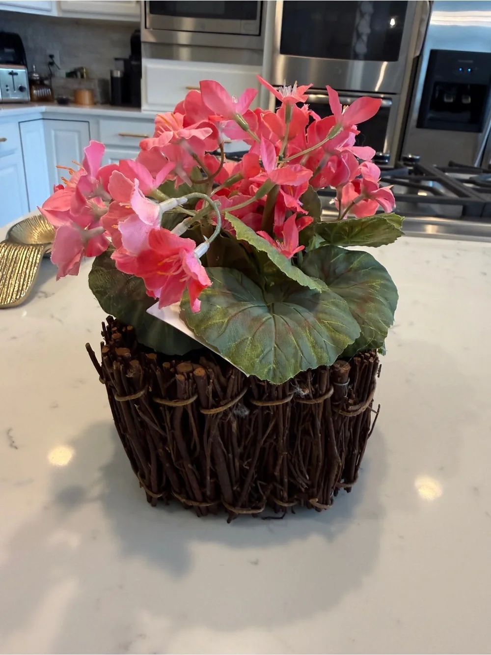 A.T. Imports Faux Pink Geranium Floral Arrangement Twig Basket Cottagecore